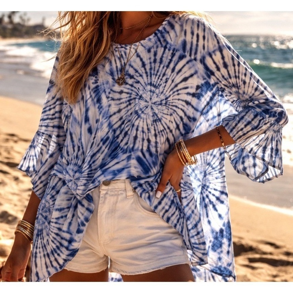 Cha Cha Vente 2XL Blue White Sheer Tunic Kimono High Low Hem‎ Tie Dye Boho Artsy